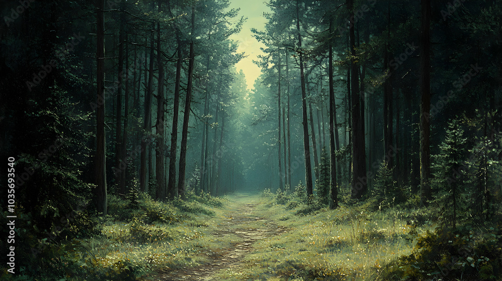 Tranquil Pine Forest with Tall Straight Trees Vanishing into the Misty Horizon Tranquil Pine Forest with Tall Straight Trees Vanishing into the Misty Horizon