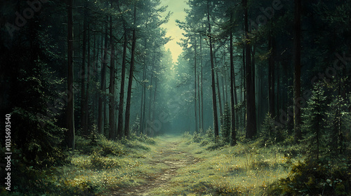 Tranquil Pine Forest with Tall Straight Trees Vanishing into the Misty Horizon