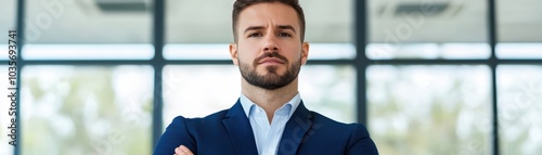 Confident businessman standing in modern office, arms crossed, looking at camera.