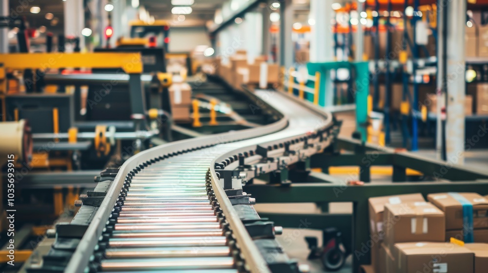A conveyor belt transporting goods in a factory, industrial setting with machinery and production lines, Minimalist style A conveyor belt transporting goods in a factory, industrial setting with machinery and production lines, Minimalist style
