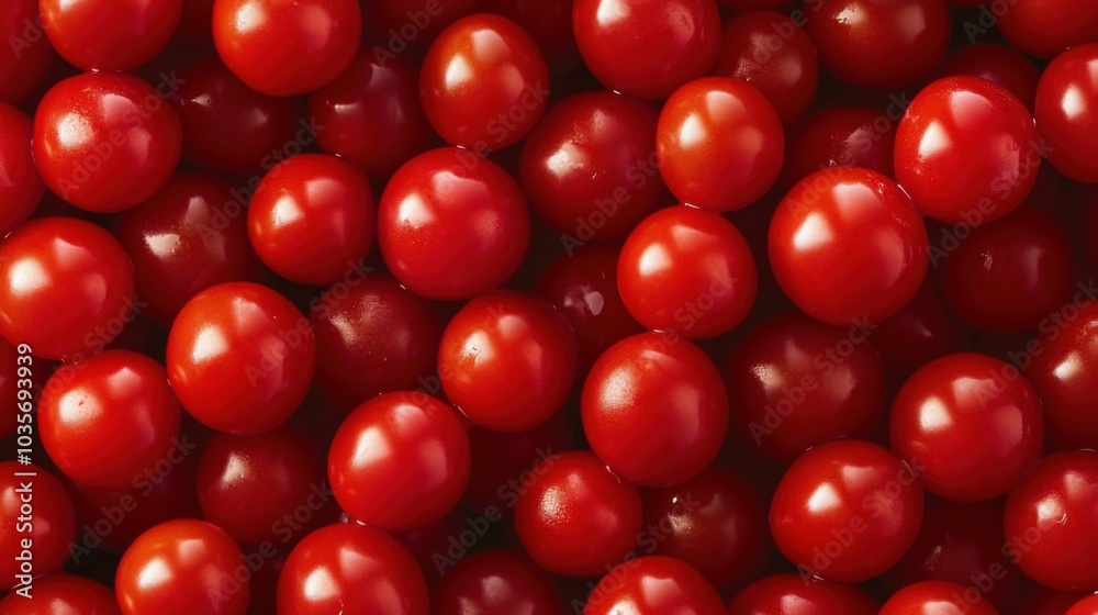 A spread of vibrant cherry tomatoes, filling the entire view with their bright red color and smooth round surfaces. A spread of vibrant cherry tomatoes, filling the entire view with their bright red color and smooth round surfaces.