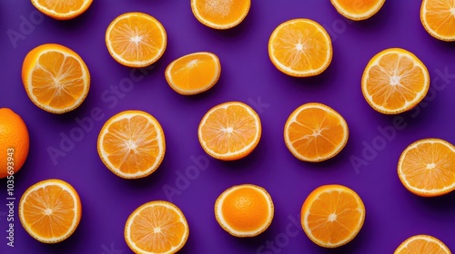 A vibrant and zesty background of whole and sliced kumquats arranged randomly on a deep purple surface, their bright orange tones popping against the dark backdrop.