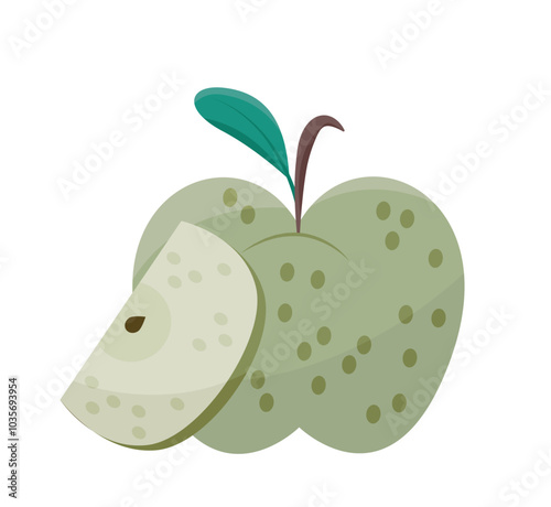 Sliced fruit sticker. Natural and organic fresh apple. Healthy eatings and vitamins. Ingredient and harvest. Social media sticker. Flat vector illustration