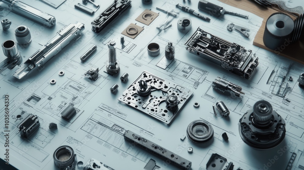 Fototapeta premium Organized mechanical components laid over engineering blueprints, focusing on technical design and mechanical precision