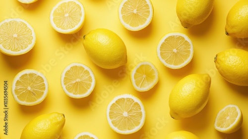 A clean background of sliced lemons and whole lemons scattered on a bright yellow surface, creating a fresh and zesty vibe.
