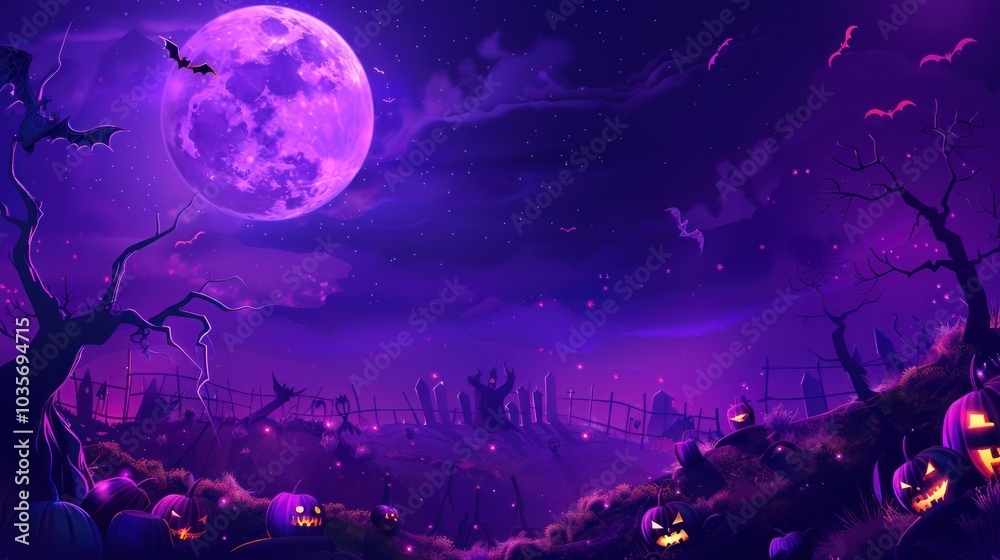 Spooky Halloween Night with Full Moon and Jack-o'-lanterns