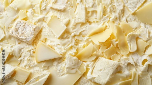 A surface densely covered with slices of different cheeses, filling every inch of the frame with soft, creamy, and crumbly textures in shades of white and yellow.