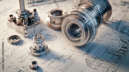 Professional arrangement of mechanical parts on top of engineering drawings, emphasizing the complexity and accuracy of design photo