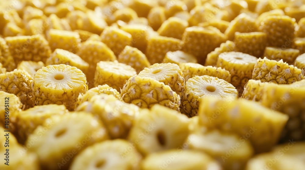 A packed field of pineapple chunks and rings, their bright yellow flesh filling every inch of the view. A packed field of pineapple chunks and rings, their bright yellow flesh filling every inch of the view.