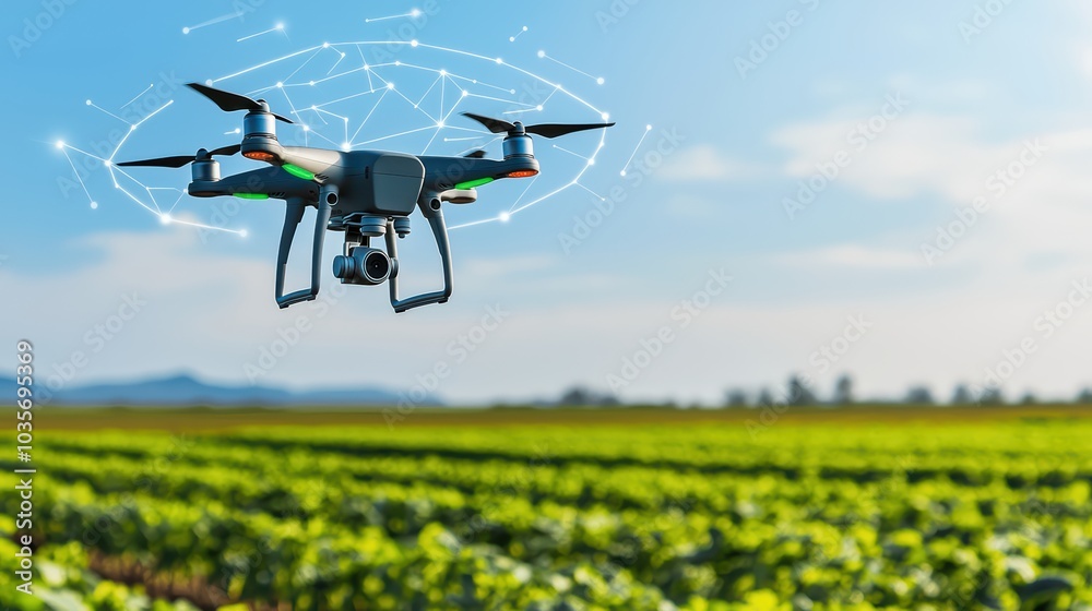 Drone flying over a lush green field, symbolizing modern agriculture and technology integration. Drone flying over a lush green field, symbolizing modern agriculture and technology integration.