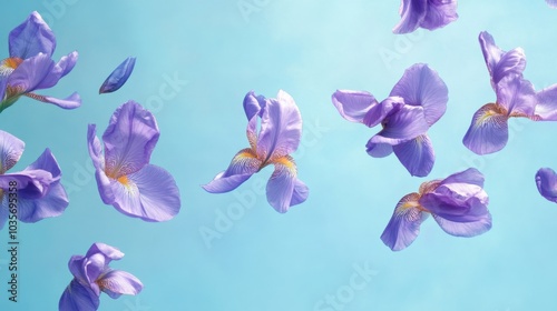 Delicate purple iris petals floating gently against a pastel blue background, adding a calming and elegant atmosphere.