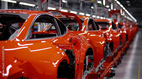 Automated assembly line showcasing orange car bodies in factory setting, highlighting efficiency and precision of modern manufacturing processes