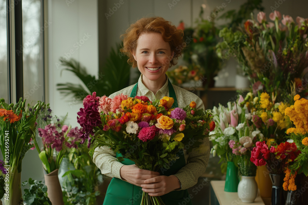 Portrait of a female florist holding bouquet of flowers Portrait of a female florist holding bouquet of flowers