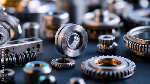 Close up of various industrial bearings and mechanical components showcasing intricate designs and metallic textures. image captures precision and complexity of engineering parts