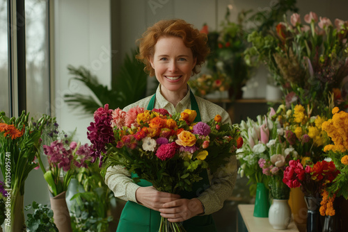 Portrait of a female florist holding bouquet of flowers