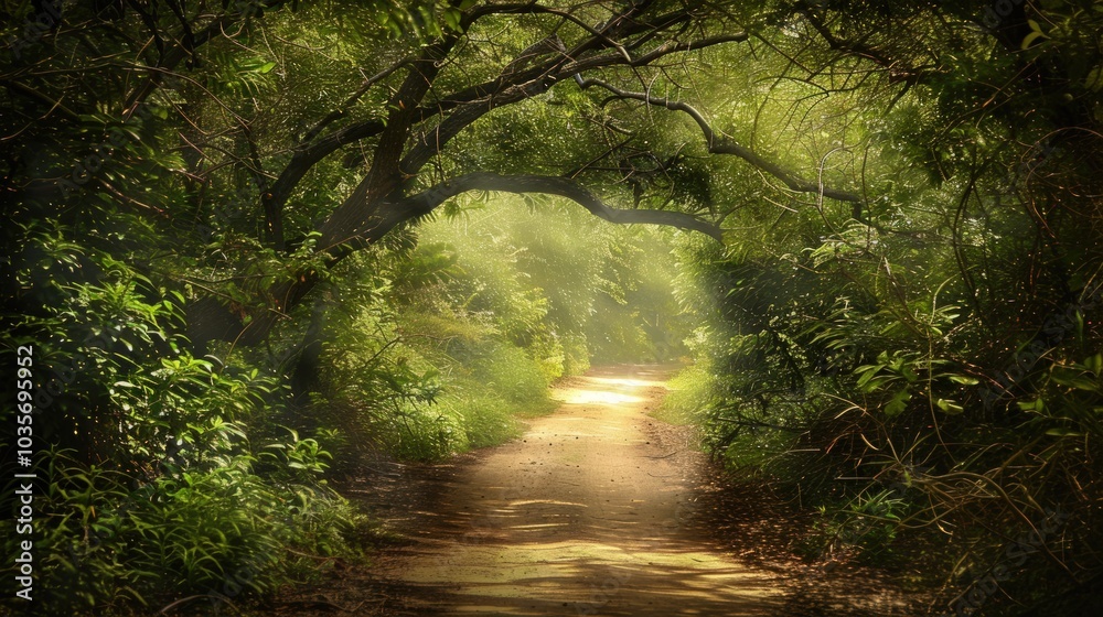 Obraz premium Sunlit Path Through a Lush Forest