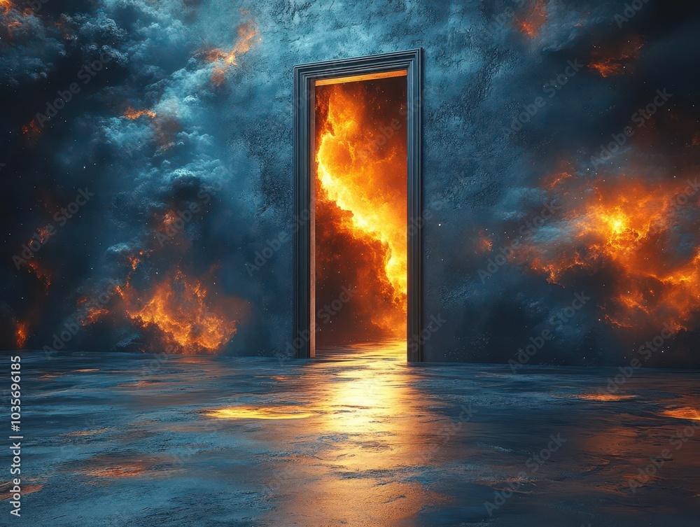 Fototapeta premium open door floating amid a cosmic void, leading to vibrant, surreal landscapes filled with dreamlike elements and fantastical imagery, embodying exploration and wonder