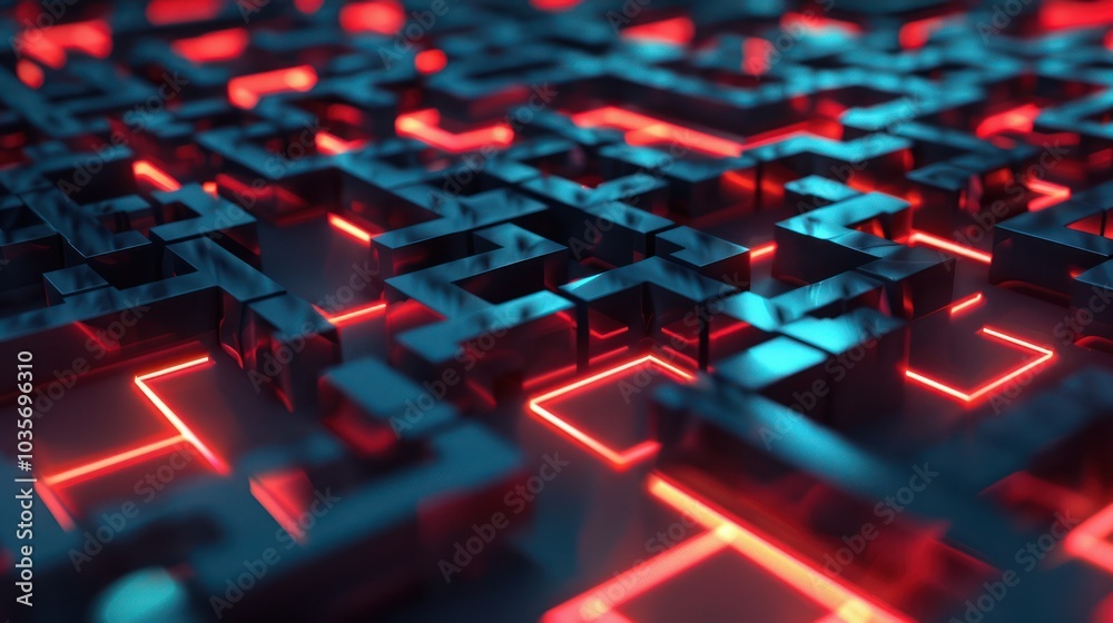 Obraz premium Abstract Neon Lights with Metallic Cubes