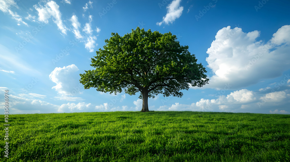 Solitary Oak Tree Standing Majestically in a Lush Green Field Under Clear Blue Sky Solitary Oak Tree Standing Majestically in a Lush Green Field Under Clear Blue Sky