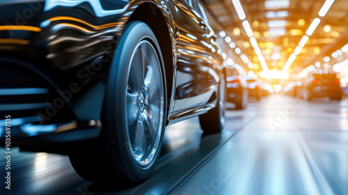 sleek black car moves through modern automotive production facility, showcasing role of automation in manufacturing. bright lights and reflections create dynamic atmosphere