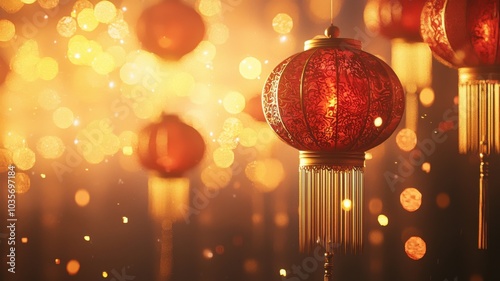 Red Lanterns Glowing in Golden Light