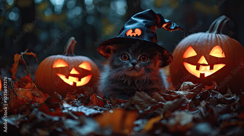 Naklejka premium the cat in the hat, the concept of Halloween. selective focus