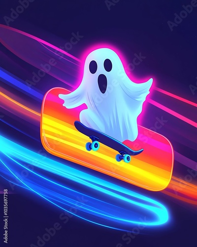 Cartoon ghost sign playful A spooky skateboard adventure a ghostly figure rides the neon waves of energy in a vibrant digital world photo