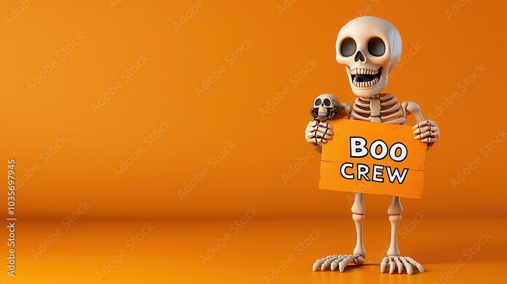 Skeleton holding a sign that says Boo Crew on an orange background. Skeleton holding a sign that says Boo Crew on an orange background.