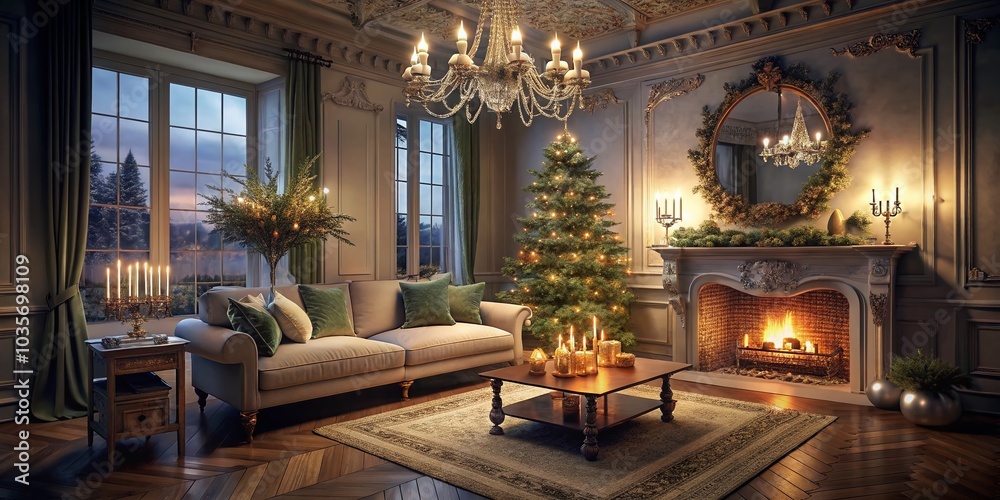 Obraz premium Elegant Baroque Living Room with Christmas Tree and White Fireplace in Low Light