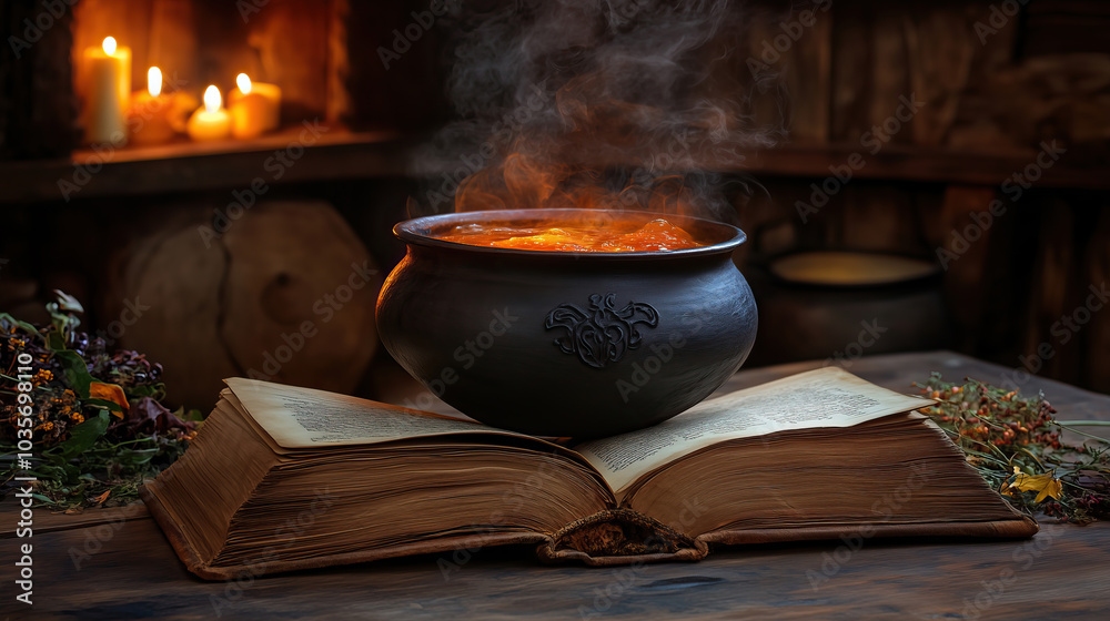 open book with witch's cauldron. Halloween concept open book with witch's cauldron. Halloween concept