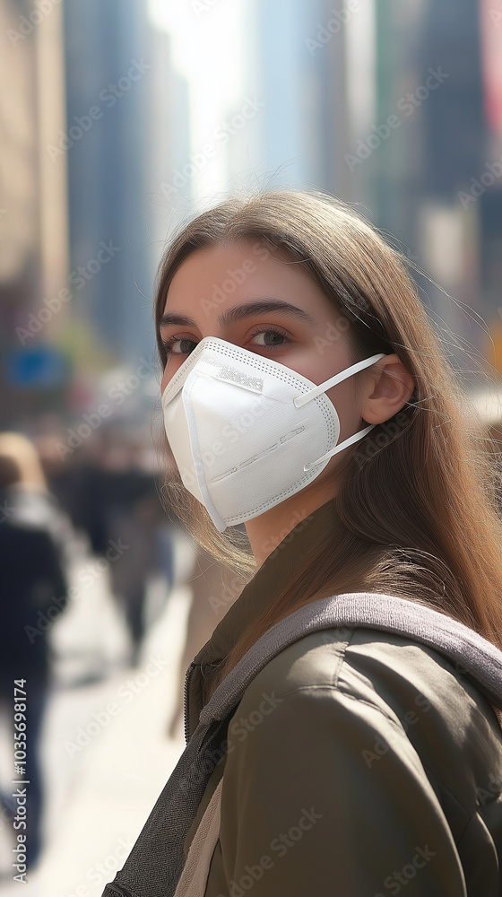 Young woman wearing protective mask confidently facing urban environment
