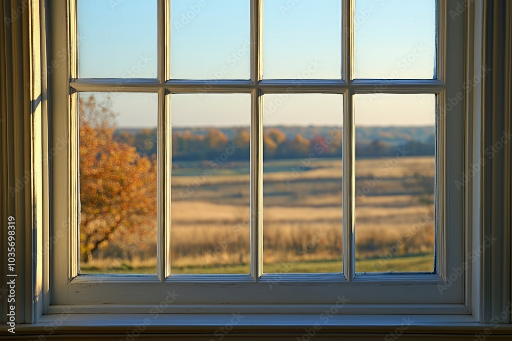 Fototapeta premium A View of a Golden Meadow Through a White Window Pane