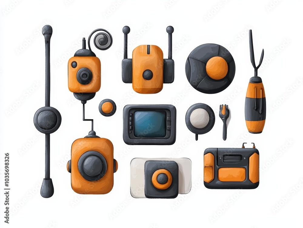 Colorful tech gadgets on white background. Colorful tech gadgets on white background.