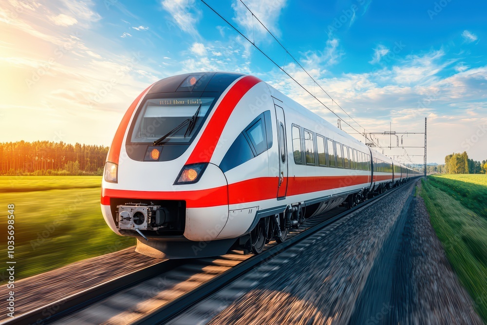 Naklejka premium High-speed train traveling through green countryside under a clear blue sky.