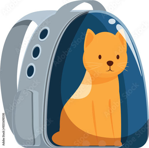 Orange tabby cat is patiently waiting inside a transparent space backpack