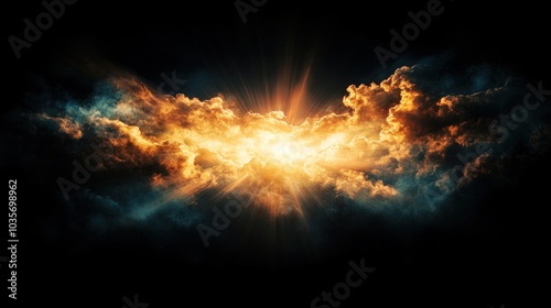 A striking sun flare on a black background, with intense light beams and soft, circular highlights, adding depth and contrast to the dark backdrop