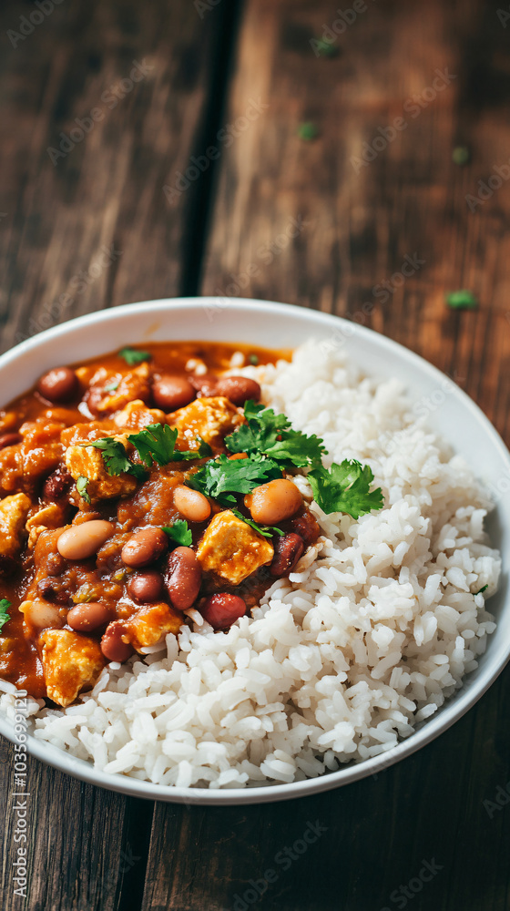 Enjoy a delicious bowl of chilli con carne topped with fresh cilantro and served with fluffy white rice on the side Enjoy a delicious bowl of chilli con carne topped with fresh cilantro and served with fluffy white rice on the side