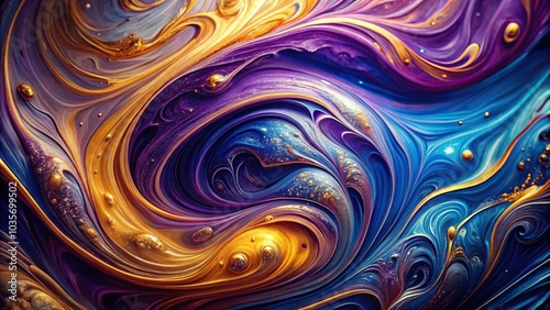 Abstract swirls of purple blue and gold paint close-up