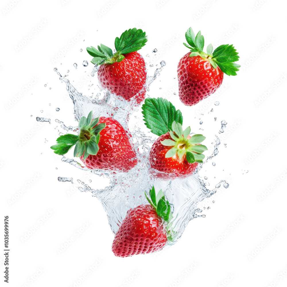 Vibrant red floating strawberries with lush green leaves, creating a fresh and lively visual experience.