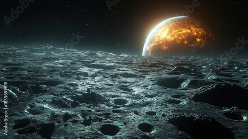 An innovative space technology environment with futuristic spacecraft, AI systems, and detailed planetary exploration tools