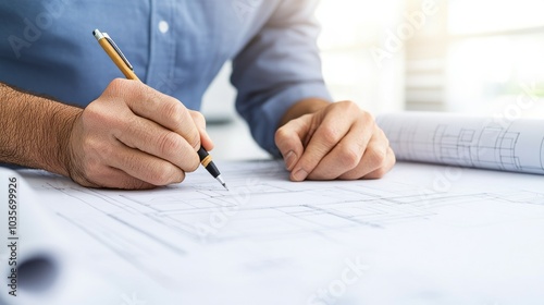 A person sketching architectural plans on blueprints with a pencil in a bright workspace.