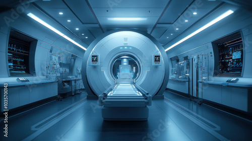 Cutting-edge medical equipment in a high-tech hospital, including MRI scanners, robotic arms for surgery, and AI-assisted diagnostic machines photo