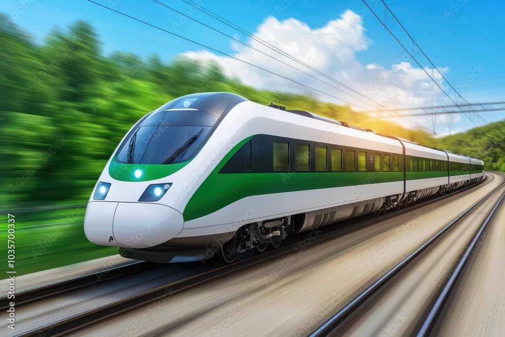 Naklejka premium Modern green and white train speeding through lush landscapes under a clear blue sky.