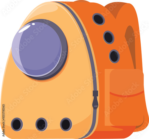 Orange pet carrying backpack with ventilation is standing on white background, side view