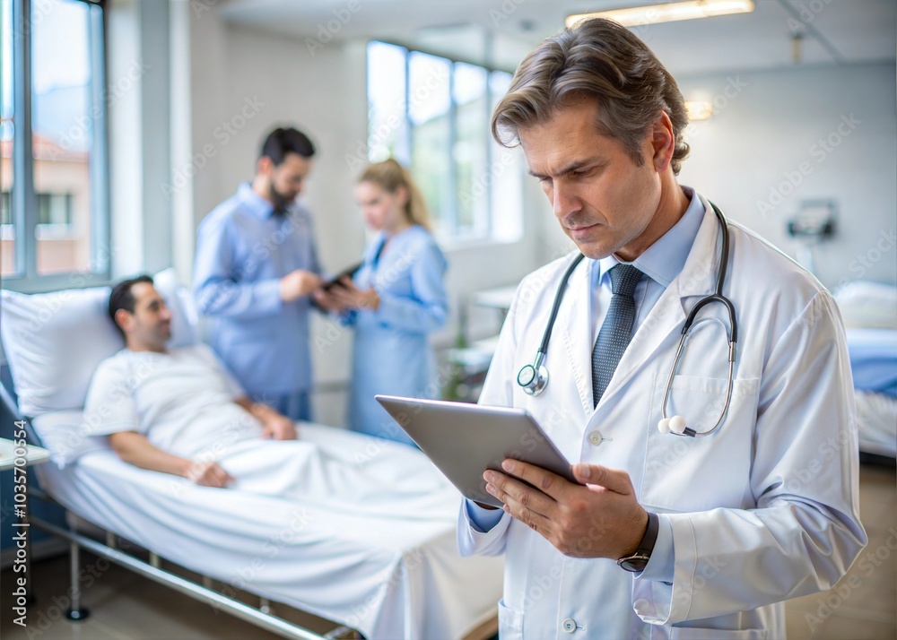 © Aminograpix - Doctor in uniform with stethoscope using tablet pc standing in hospital ward with patient resting in bed on background. Practitioner checking patient data on digital tablet © Aminograpix - Doctor in uniform with stethoscope using tablet pc standing in hospital ward with patient resting in bed on background. Practitioner checking patient data on digital tablet