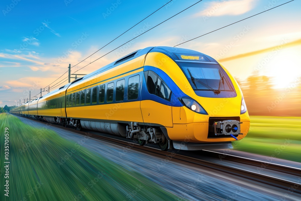 Obraz premium Modern yellow train speeding along the tracks during sunset, showcasing dynamic motion and vibrant scenery.