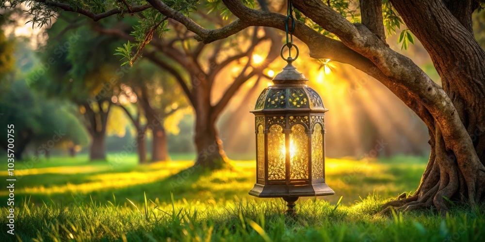 A Lantern Glows in the Golden Light of a Setting Sun, Suspended from a Tree Branch in a Verdant Meadow