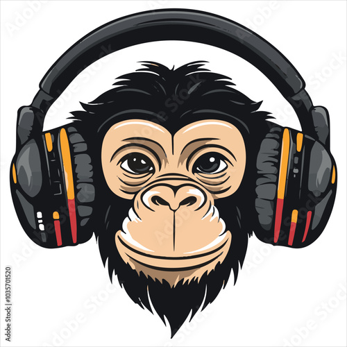 Logo with, a monkey with DJ headphones on white background
