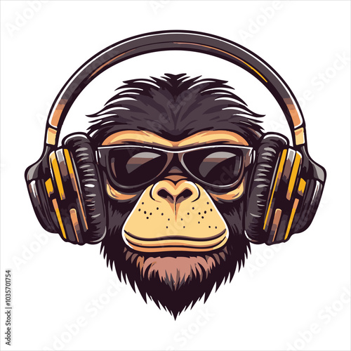 Logo with, a monkey with DJ headphones on white background