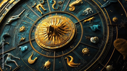 Wallpaper Mural Celestial Clockwork: Zodiac Wheel with Gold and Blue Torontodigital.ca